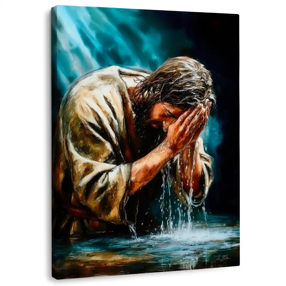 Artistic depiction of jesus baptism with water flowing over them against a dark background