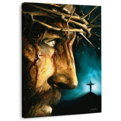 Canvas print of jesus depicting a bearded figure with a crown of thorns against a starry night sky.