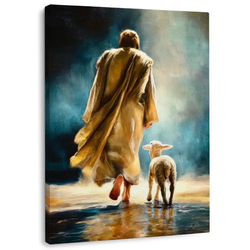 Painting of jesus walking with a lamb through water, with a dramatic sky.