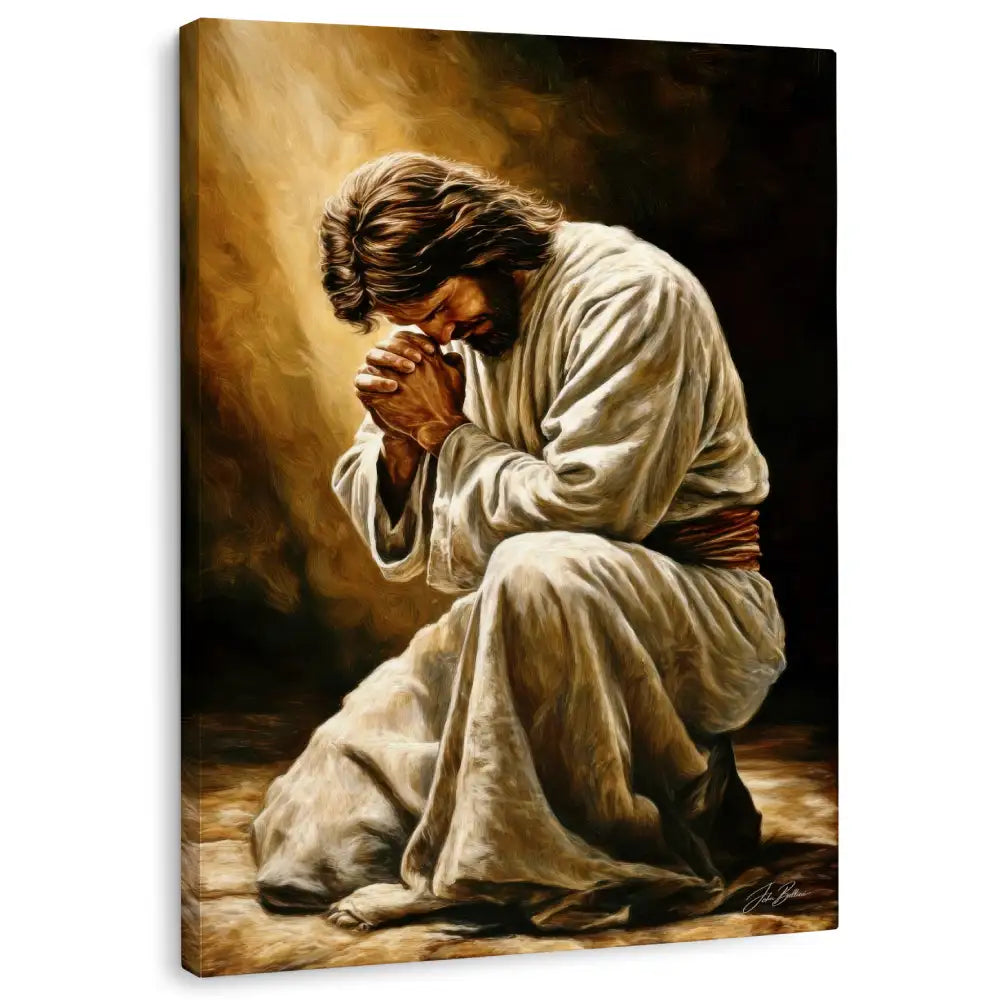 Painting of jesus in a white robe kneeling with hands clasped praying, set against a warm brown background.