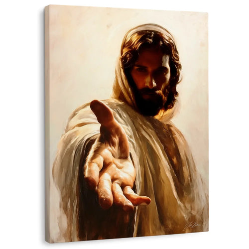 Painting of jesus with outstretched hand on a beige background