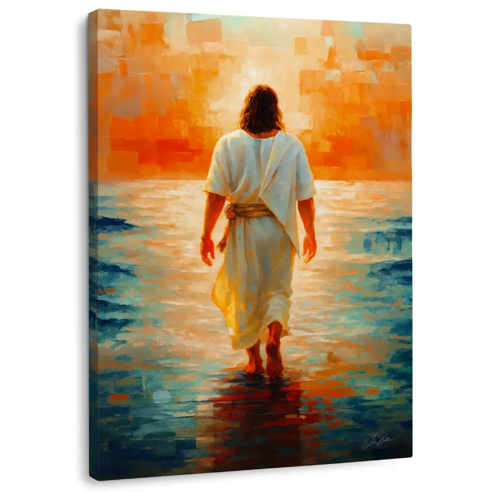 Painting of jesus walking on water with a sunset background